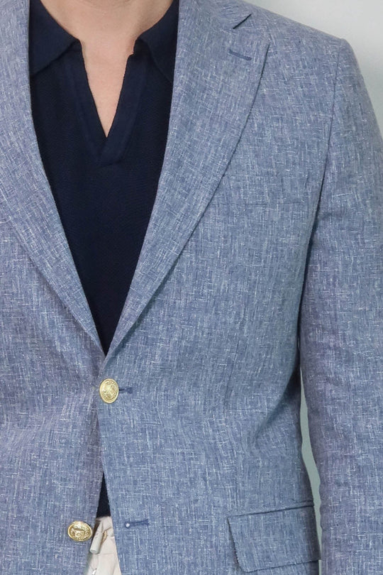 Men’s Slate Blue Linen-Feel Slim Fit Blazer with Gold Crest Buttons