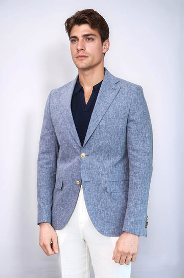 Men’s Slate Blue Linen-Feel Slim Fit Blazer with Gold Crest Buttons