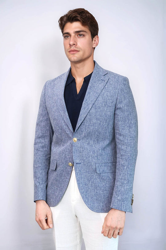 Men’s Slate Blue Linen-Feel Slim Fit Blazer with Gold Crest Buttons