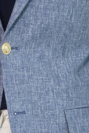 Men’s Slate Blue Linen-Feel Slim Fit Blazer with Gold Crest Buttons