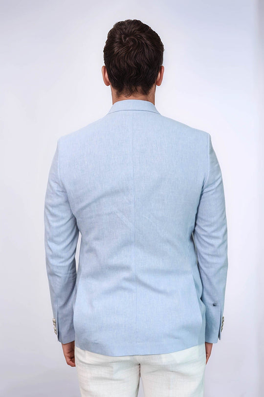 Men’s Sky Blue Linen-Feel Slim Fit Blazer with Gold Crest Buttons