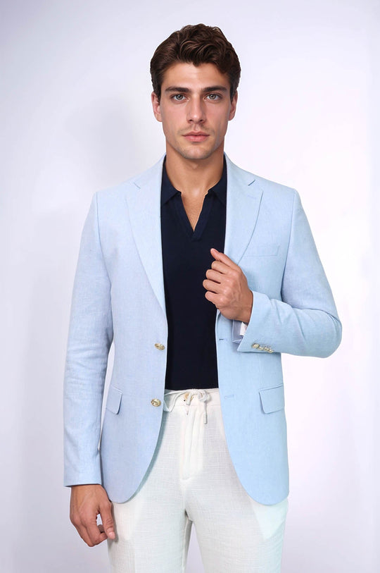 Men’s Sky Blue Linen-Feel Slim Fit Blazer with Gold Crest Buttons