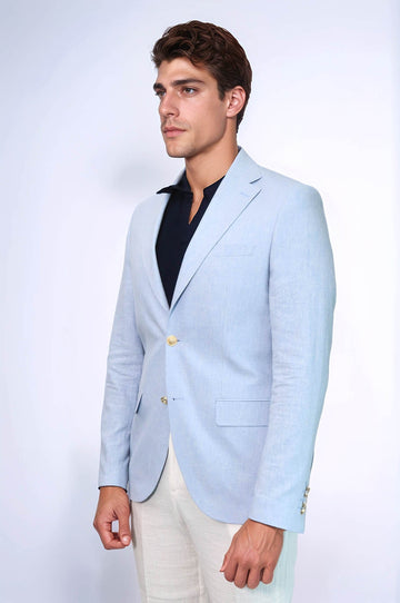 Men’s Sky Blue Linen-Feel Slim Fit Blazer with Gold Crest Buttons