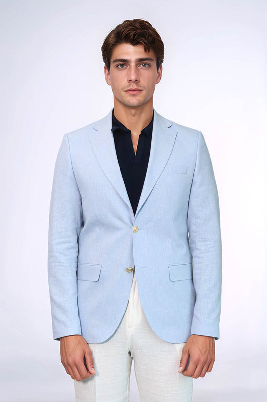 Men’s Sky Blue Linen-Feel Slim Fit Blazer with Gold Crest Buttons