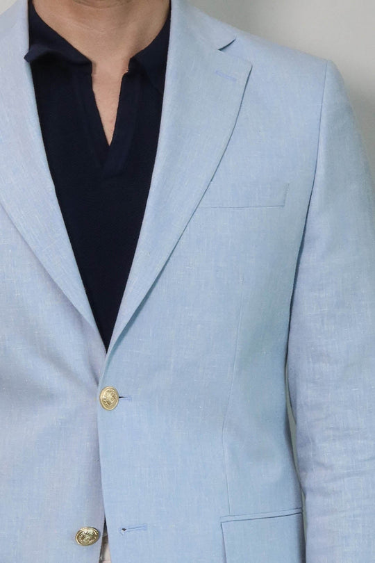 Men’s Sky Blue Linen-Feel Slim Fit Blazer with Gold Crest Buttons