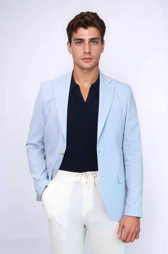 Men’s Sky Blue Linen-Feel Slim Fit Blazer with Gold Crest Buttons