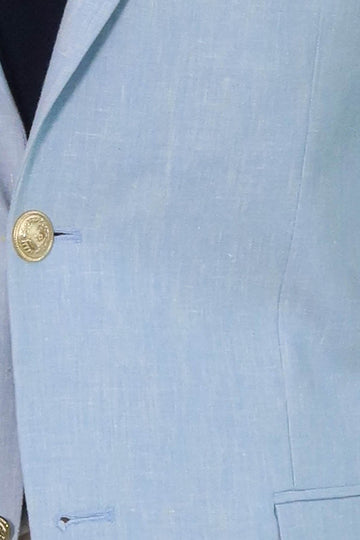 Men’s Sky Blue Linen-Feel Slim Fit Blazer with Gold Crest Buttons