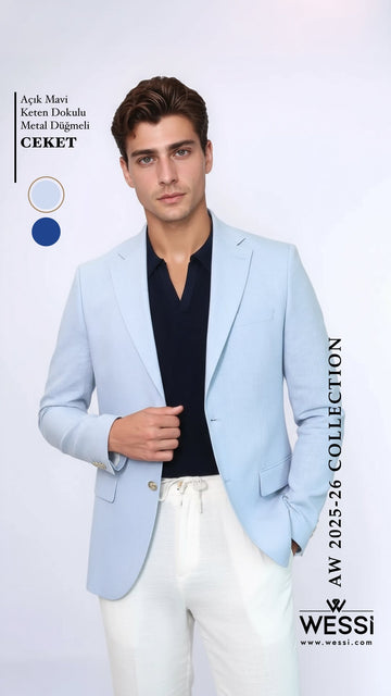 Men’s Sky Blue Linen-Feel Slim Fit Blazer with Gold Crest Buttons