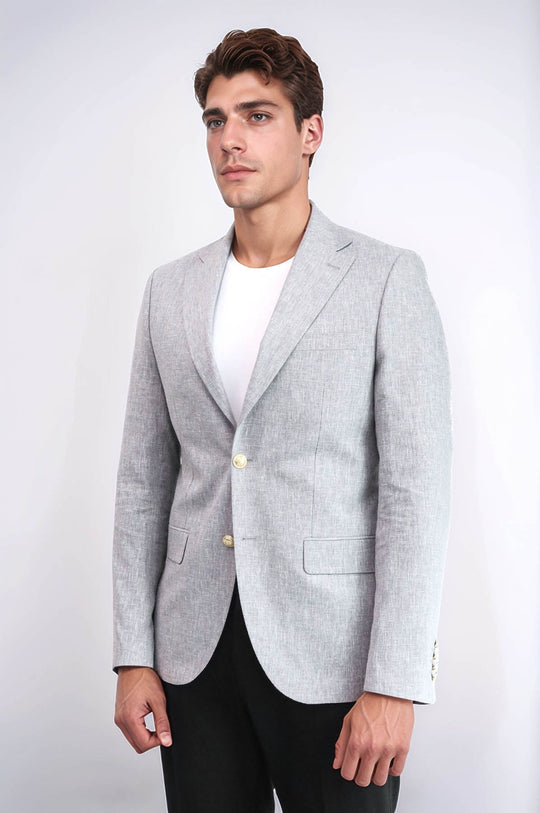 Men’s Dove Grey Linen-Feel Slim Fit Blazer with Gold Crest Buttons