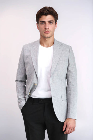 Men’s Dove Grey Linen-Feel Slim Fit Blazer with Gold Crest Buttons
