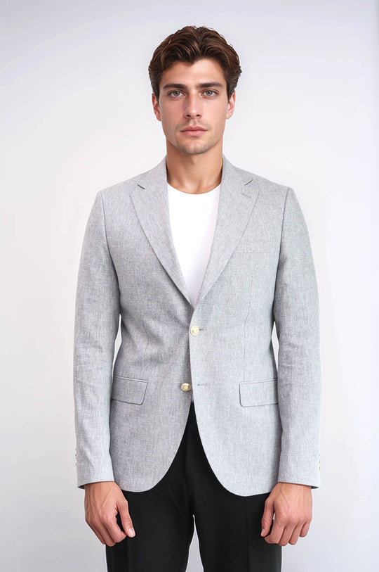 Men’s Dove Grey Linen-Feel Slim Fit Blazer with Gold Crest Buttons