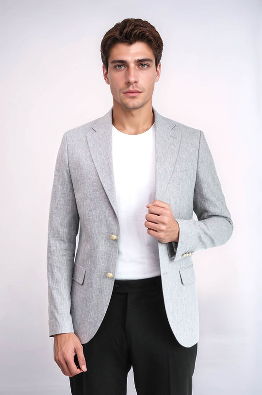 Men’s Dove Grey Linen-Feel Slim Fit Blazer with Gold Crest Buttons