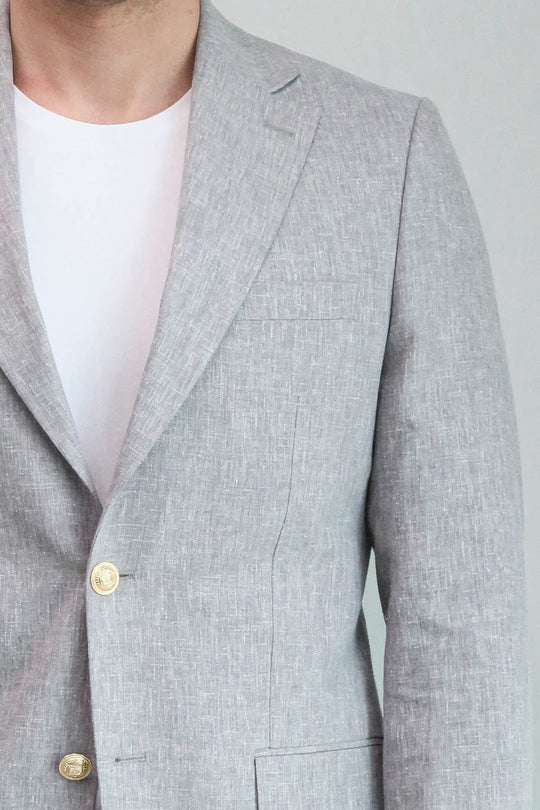 Men’s Dove Grey Linen-Feel Slim Fit Blazer with Gold Crest Buttons