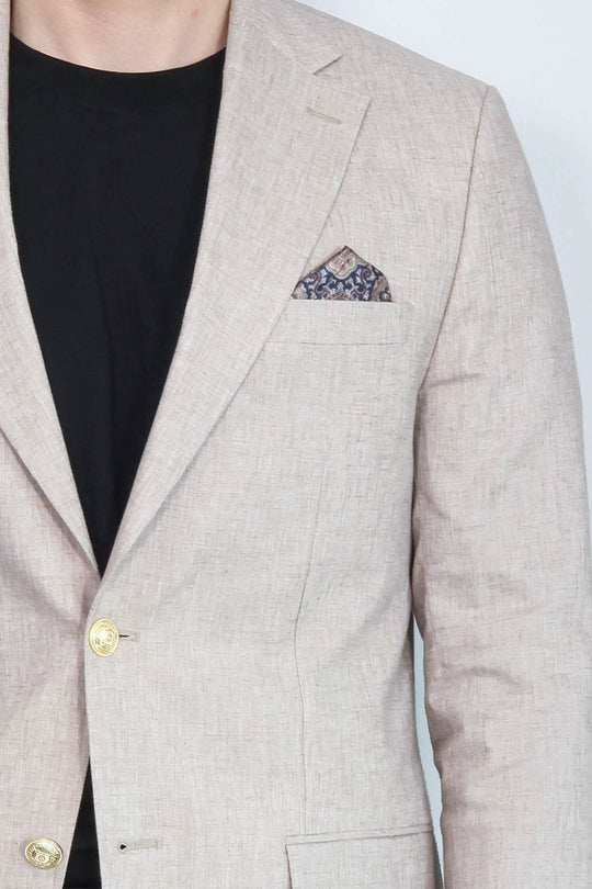 Men’s Desert Beige Linen-Feel Slim Fit Blazer with Gold Crest Buttons