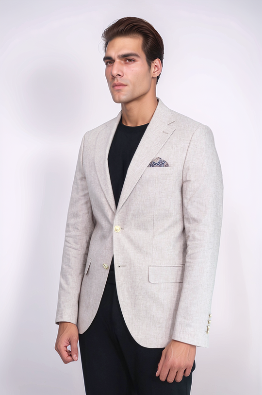 Men’s Desert Beige Linen-Feel Slim Fit Blazer with Gold Crest Buttons