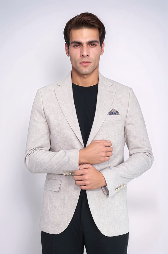 Men’s Desert Beige Linen-Feel Slim Fit Blazer with Gold Crest Buttons