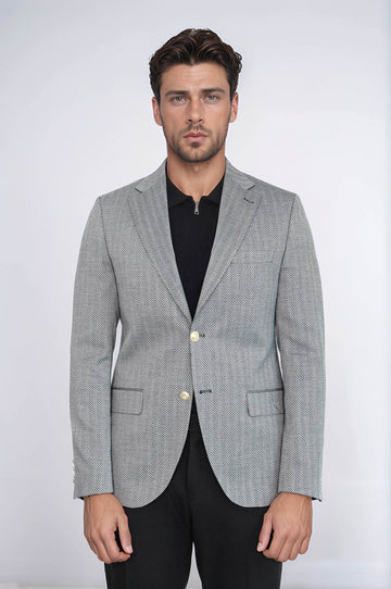 Men’s Midnight Black Herringbone Slim Fit Blazer with Gold Crest Buttons
