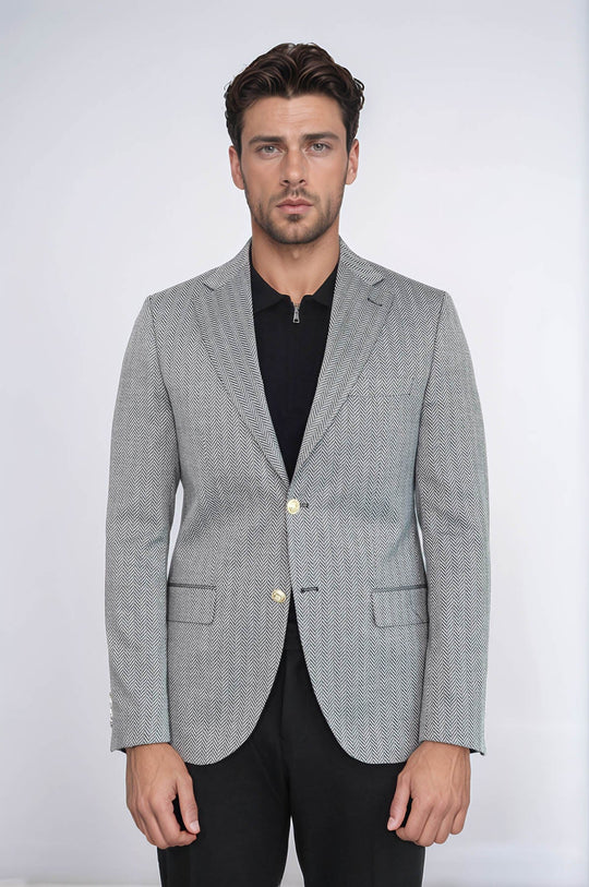 Men’s Midnight Black Herringbone Slim Fit Blazer with Gold Crest Buttons
