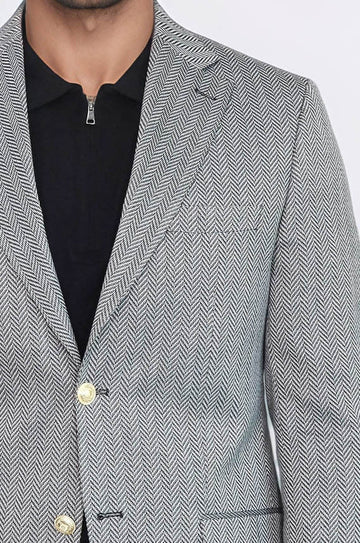 Men’s Midnight Black Herringbone Slim Fit Blazer with Gold Crest Buttons