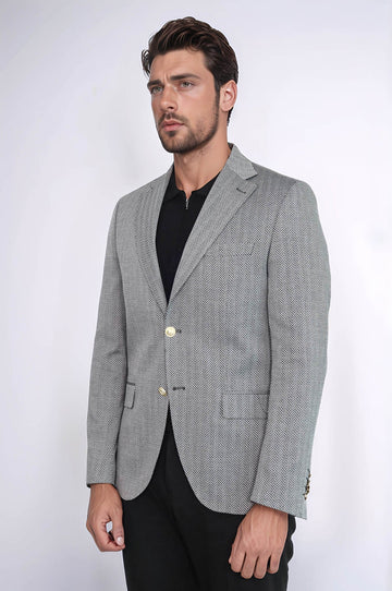 Men’s Midnight Black Herringbone Slim Fit Blazer with Gold Crest Buttons