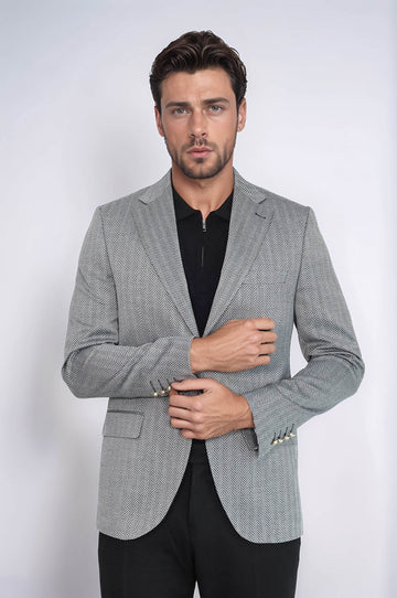 Men’s Midnight Black Herringbone Slim Fit Blazer with Gold Crest Buttons