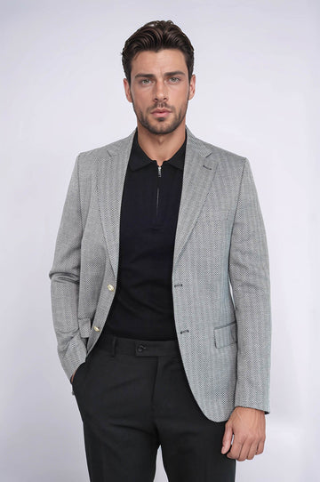 Men’s Midnight Black Herringbone Slim Fit Blazer with Gold Crest Buttons
