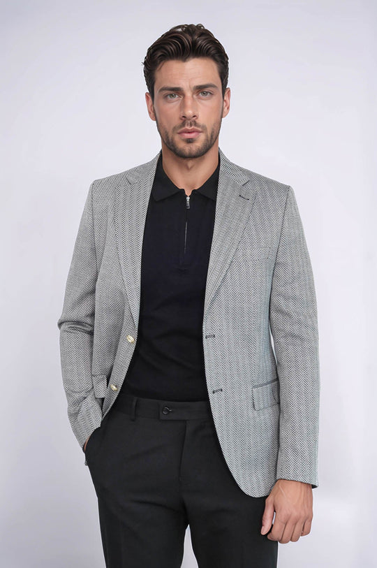 Men’s Midnight Black Herringbone Slim Fit Blazer with Gold Crest Buttons
