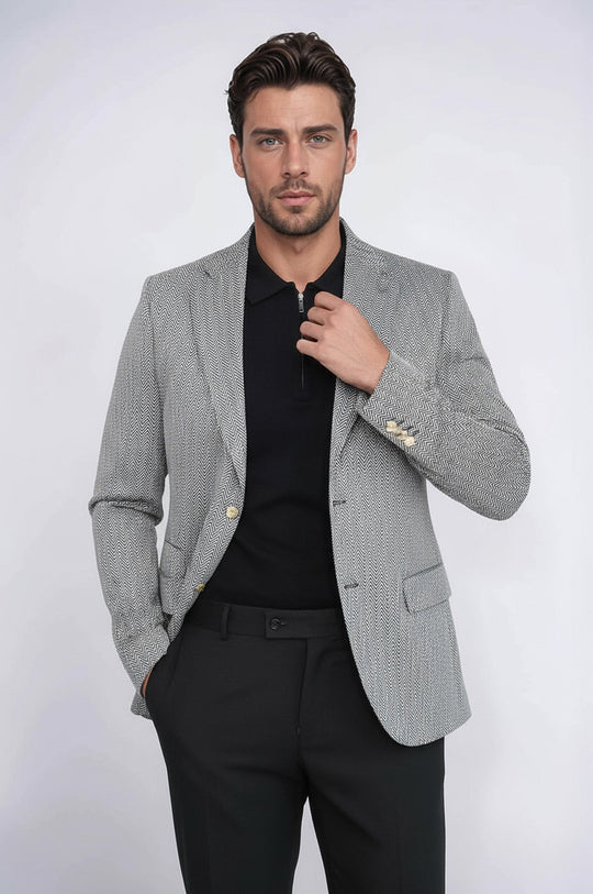 Men’s Midnight Black Herringbone Slim Fit Blazer with Gold Crest Buttons