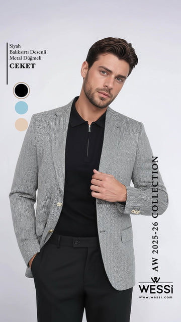 Men’s Midnight Black Herringbone Slim Fit Blazer with Gold Crest Buttons