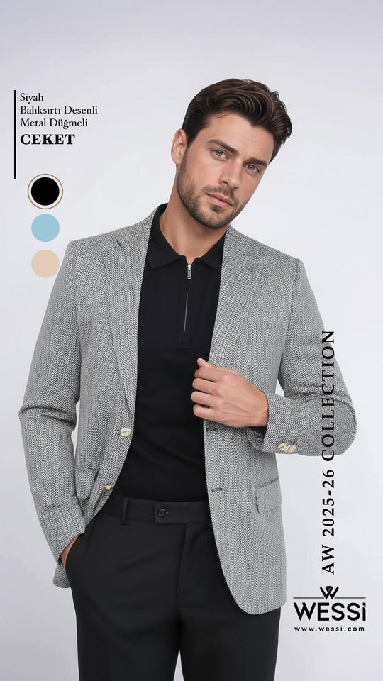 Men’s Midnight Black Herringbone Slim Fit Blazer with Gold Crest Buttons