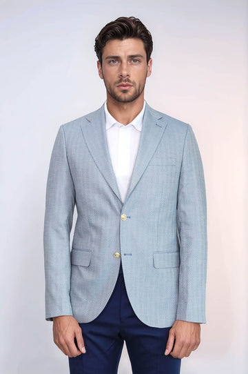 Men’s Sky Blue Herringbone Slim Fit Blazer with Gold Crest Buttons