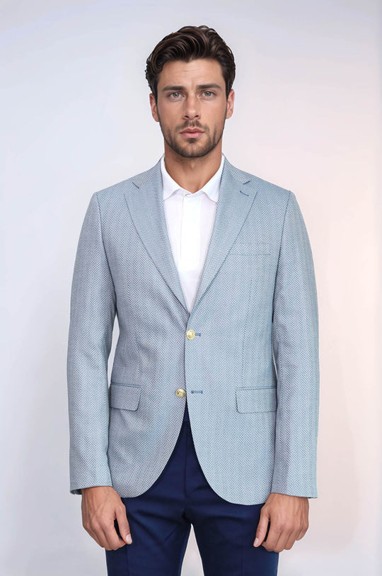 Men’s Sky Blue Herringbone Slim Fit Blazer with Gold Crest Buttons
