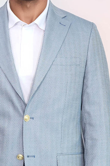 Men’s Sky Blue Herringbone Slim Fit Blazer with Gold Crest Buttons