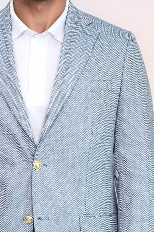 Men’s Sky Blue Herringbone Slim Fit Blazer with Gold Crest Buttons