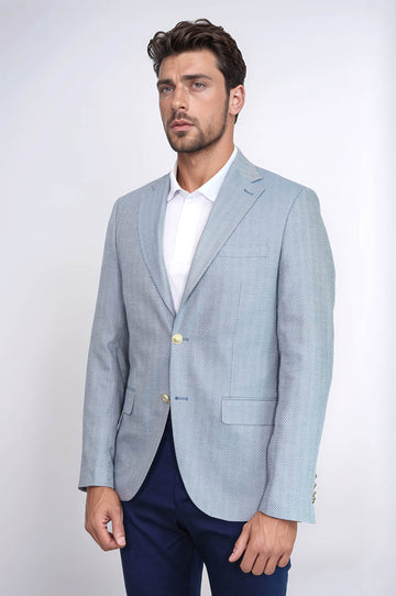 Men’s Sky Blue Herringbone Slim Fit Blazer with Gold Crest Buttons