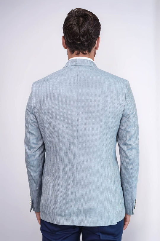 Men’s Sky Blue Herringbone Slim Fit Blazer with Gold Crest Buttons