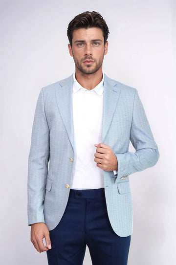 Men’s Sky Blue Herringbone Slim Fit Blazer with Gold Crest Buttons