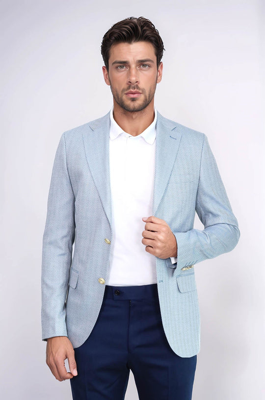 Men’s Sky Blue Herringbone Slim Fit Blazer with Gold Crest Buttons