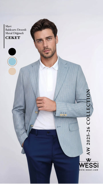 Men’s Sky Blue Herringbone Slim Fit Blazer with Gold Crest Buttons