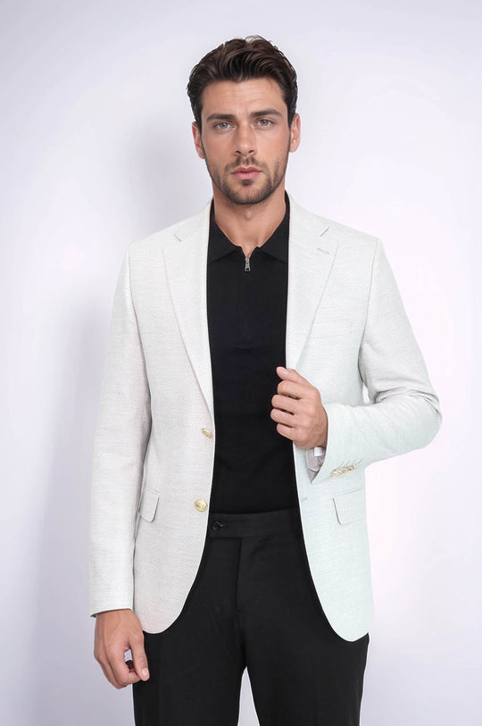 Men’s Dove Grey Herringbone Slim Fit Blazer with Gold Crest Buttons