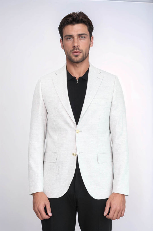 Men’s Dove Grey Herringbone Slim Fit Blazer with Gold Crest Buttons
