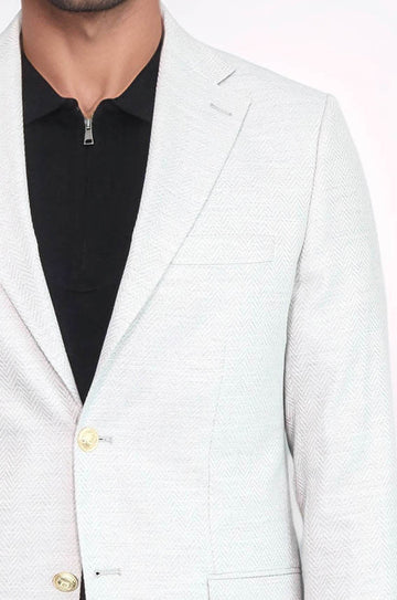 Men’s Dove Grey Herringbone Slim Fit Blazer with Gold Crest Buttons