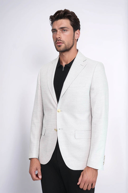 Men’s Dove Grey Herringbone Slim Fit Blazer with Gold Crest Buttons