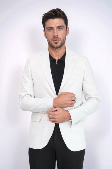 Men’s Dove Grey Herringbone Slim Fit Blazer with Gold Crest Buttons
