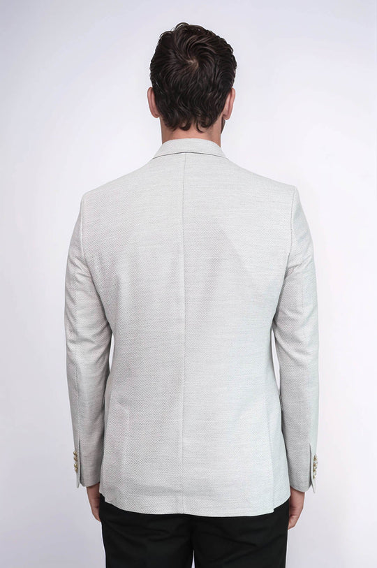 Men’s Dove Grey Herringbone Slim Fit Blazer with Gold Crest Buttons