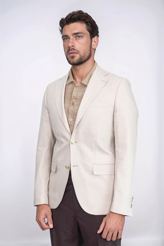 Men’s Sand Beige Herringbone Slim Fit Blazer with Gold Crest Buttons