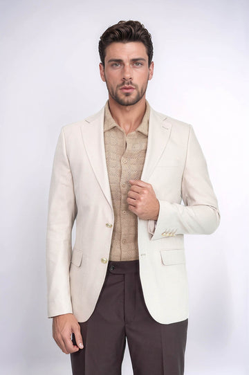 Men’s Sand Beige Herringbone Slim Fit Blazer with Gold Crest Buttons