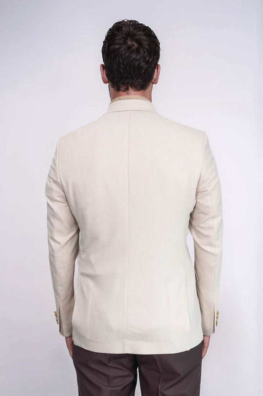 Men’s Sand Beige Herringbone Slim Fit Blazer with Gold Crest Buttons