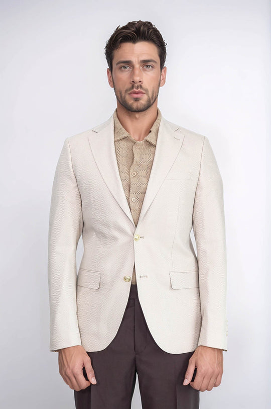 Men’s Sand Beige Herringbone Slim Fit Blazer with Gold Crest Buttons