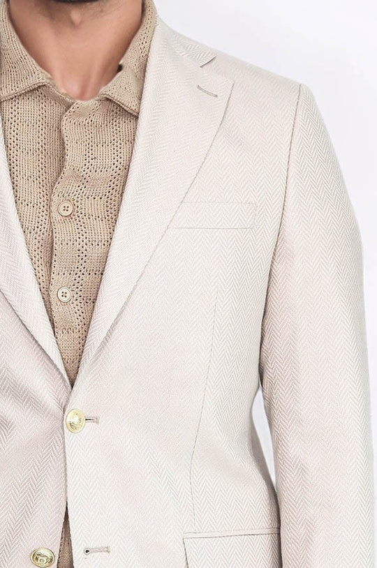 Men’s Sand Beige Herringbone Slim Fit Blazer with Gold Crest Buttons